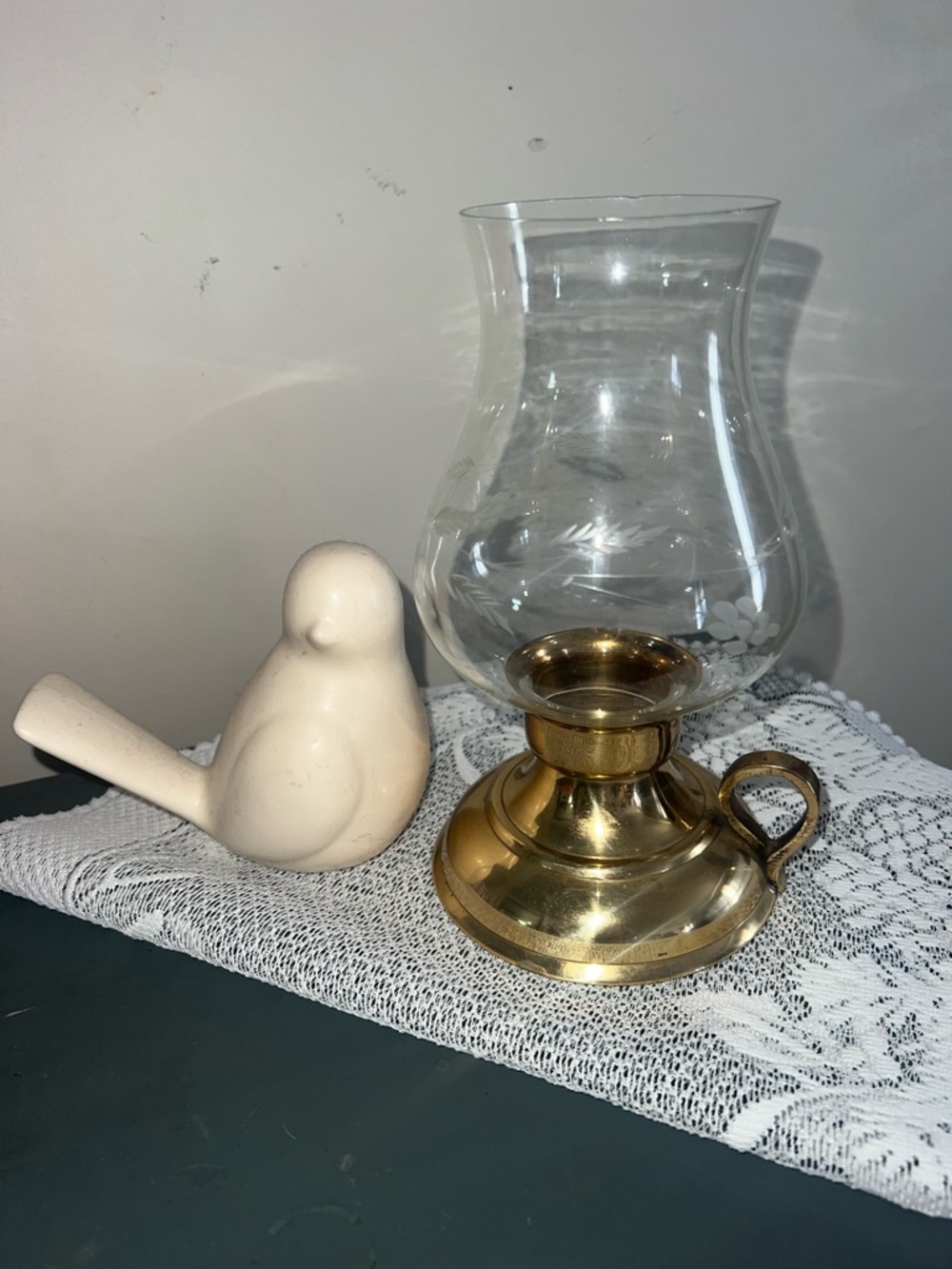 Vintage solid brass candle holder with hurricane glass -  bird not included
